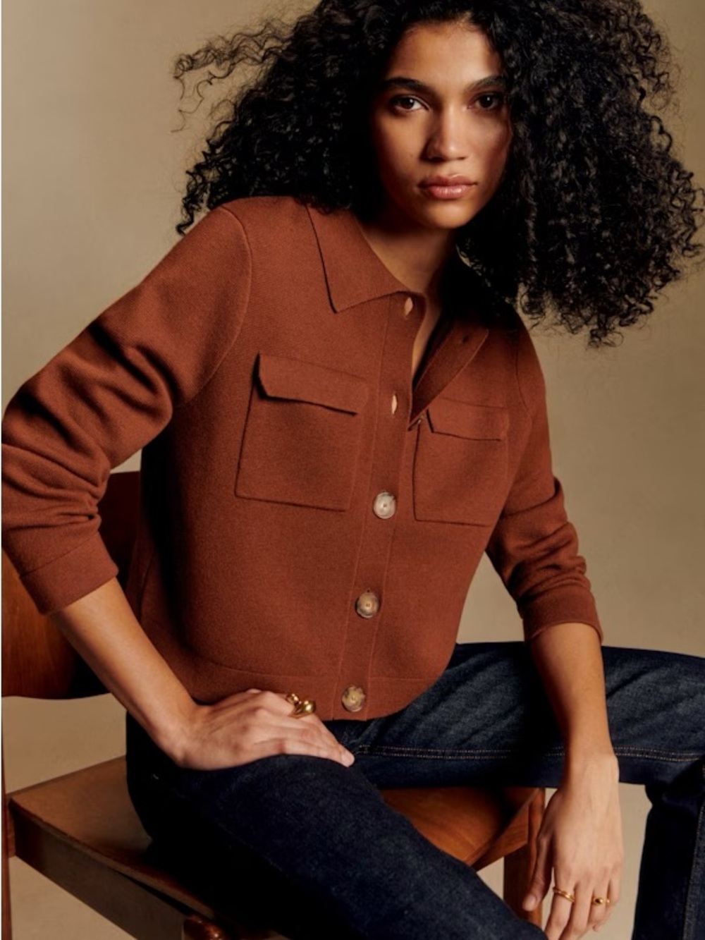 Sezane Betty Cardigan Hazelnut Size XL Merino Wool